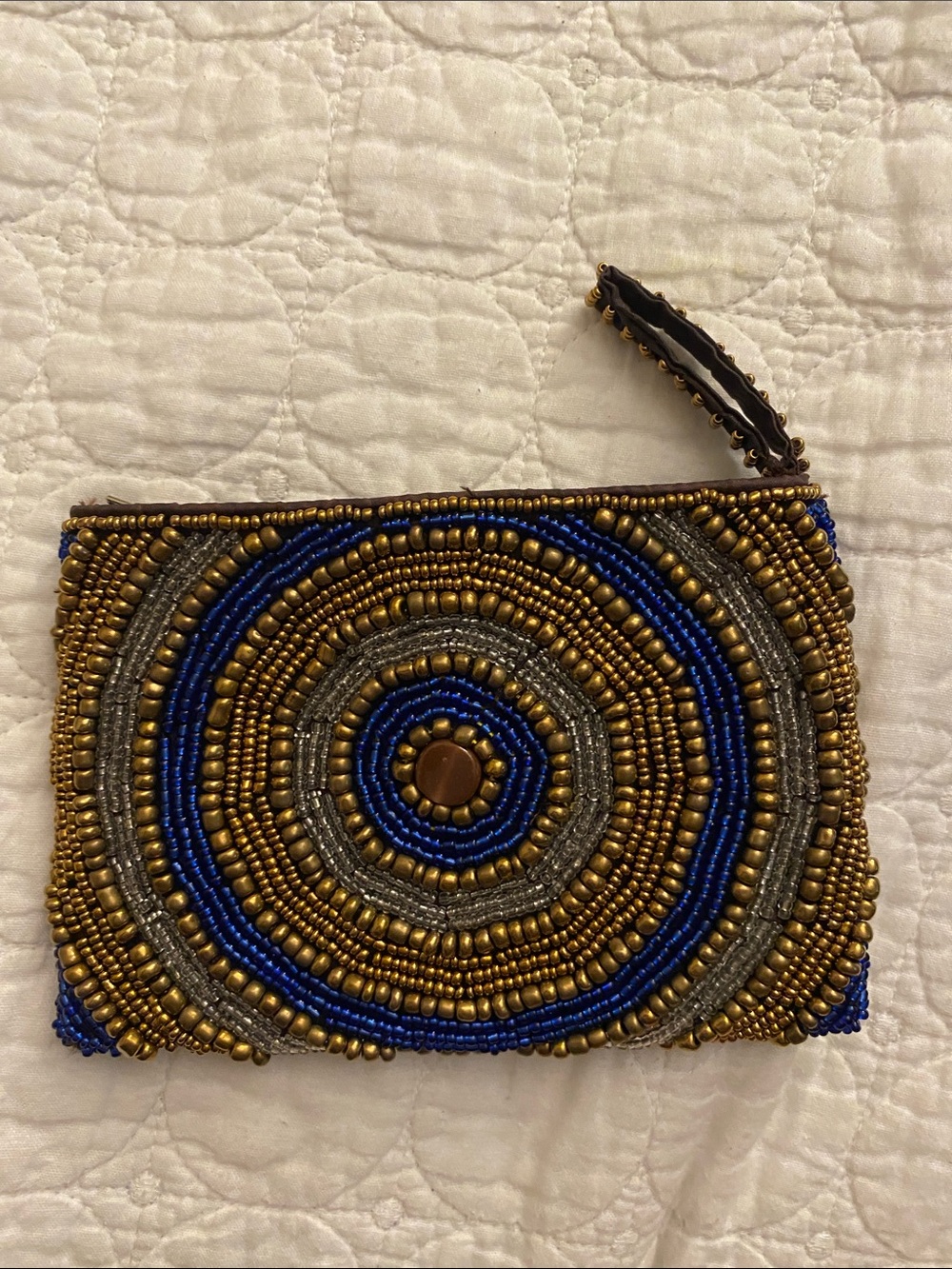 Hand-Beaded Blue and Gold Wristlet Clutch
